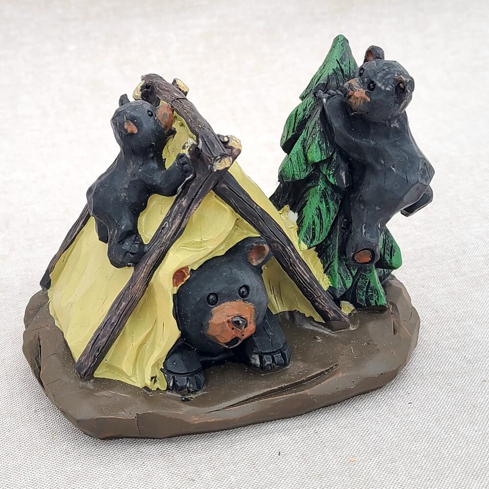 Lipco Black Bear Papa & Cubs Camping in Tent Figurine, Cabincore, Rustic Decor